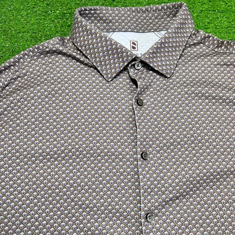 Desoto Luxury Button LG Up Gold Pewter Blue Geometric Print AOP European Made‎